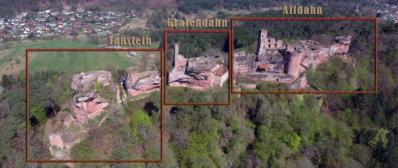 Die Burgen Altdahn, Grafendahn und Tanstein liegen hintereinander auf 5 Buntsandsteinfelsen oberhalb des Ortes Dahn im südlichen Wasgau.