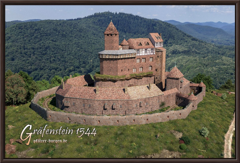 Braun gerahmter Leinwanddruck 45x30cm mit der Burg Gräfenstein um 1544 aus Südosten