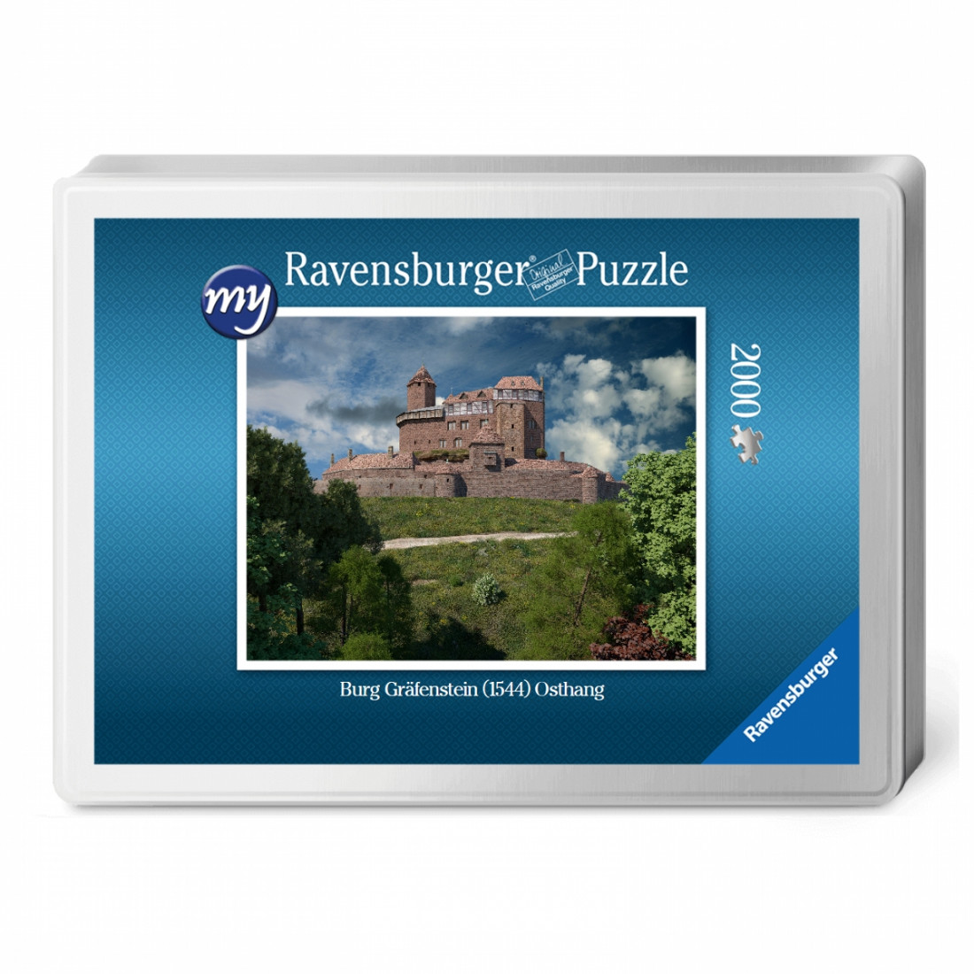 Für den Profi-Puzzler: Puzzeln Sie die fotorealistische Rekonstruktion der Burg Gräfenstein (Südwestpfalz) des Jahres 1544.. Ein qualitätsvolles Ravensburger-Puzzle (2.000 Teile) in einer metallenen Verpackungsbox. Maße des fertigen Puzzles: 98