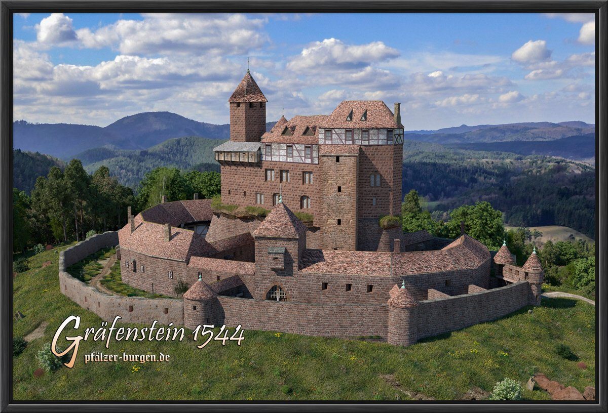 Schwarz gerahmter Leinwanddruck 45x30cm mit der Burg Gräfenstein um 1544 aus Osten