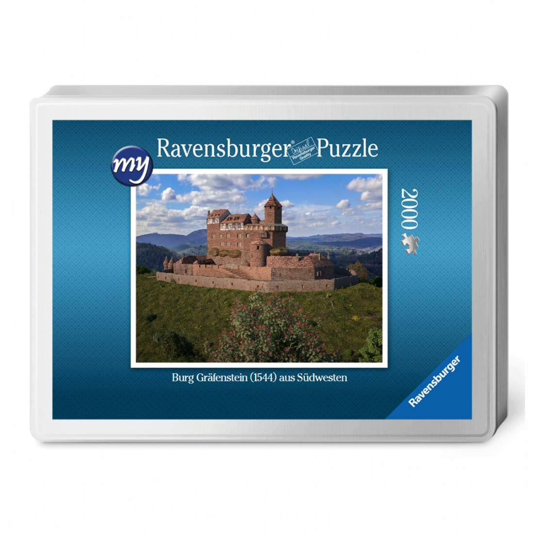 Für den Profi-Puzzler: Puzzeln Sie die fotorealistische Rekonstruktion der Burg Gräfenstein (Südwestpfalz) des Jahres 1544.. Ein qualitätsvolles Ravensburger-Puzzle (2.000 Teile) in einer metallenen Verpackungsbox. Maße des fertigen Puzzles: 98