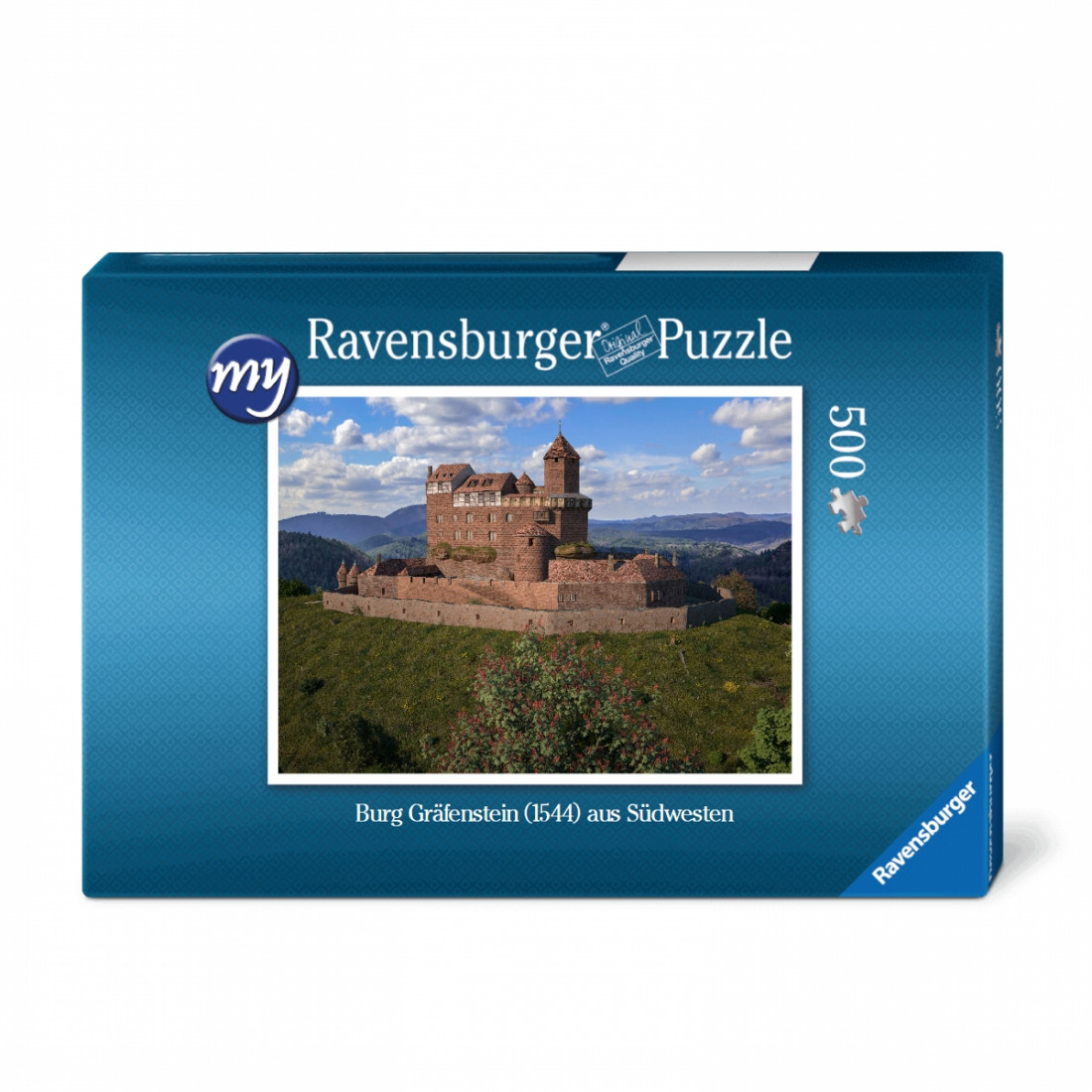 Für den Einsteiger: Puzzeln Sie die fotorealistische Rekonstruktion der Burg Gräfenstein (Südwestpfalz) des Jahres 1544.. En qualitätsvolles Ravensburger-Puzzle mit 500 Teilen. Maß des fertigen Puzzles: 43