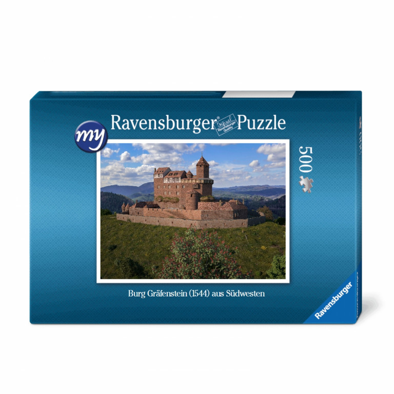 Für den Einsteiger: Puzzeln Sie die fotorealistische Rekonstruktion der Burg Gräfenstein (Südwestpfalz) des Jahres 1544.. En qualitätsvolles Ravensburger-Puzzle mit 500 Teilen. Maß des fertigen Puzzles: 43