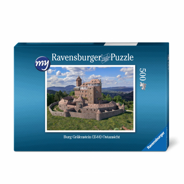 Für den Einsteiger: Puzzeln Sie die fotorealistische Rekonstruktion der Burg Gräfenstein (Südwestpfalz) des Jahres 1544.. En qualitätsvolles Ravensburger-Puzzle mit 500 Teilen. Maß des fertigen Puzzles: 43