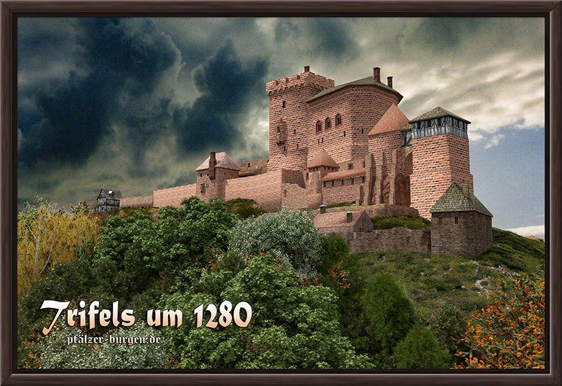 Braun gerahmter Leinwanddruck 30x20cm mit Rekonstruktion der Reichsburg Trifels um 1280 aus Nordosten