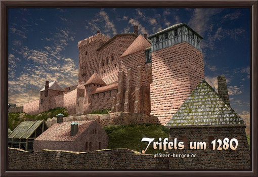 Braun gerahmter Leinwanddruck 30x20cm mit Rekonstruktion der Reichsburg Trifels um 1280 Schauseite