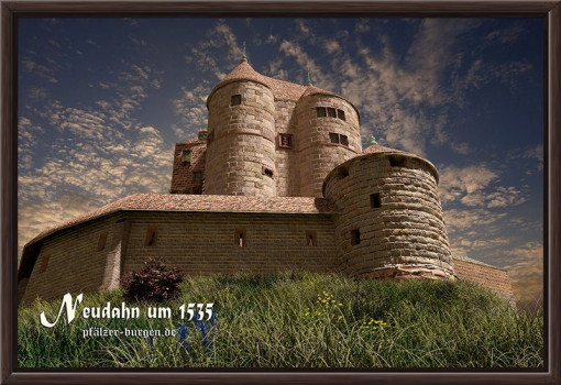 Braun gerahmter Leinwanddruck 30x20cm mit Rekonstruktion der Burg Neudahn um 1535 oben am Hang