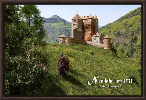Braun gerahmter Leinwanddruck 30x20cm mit Rekonstruktion der Burg Neudahn um 1535 aus Osten