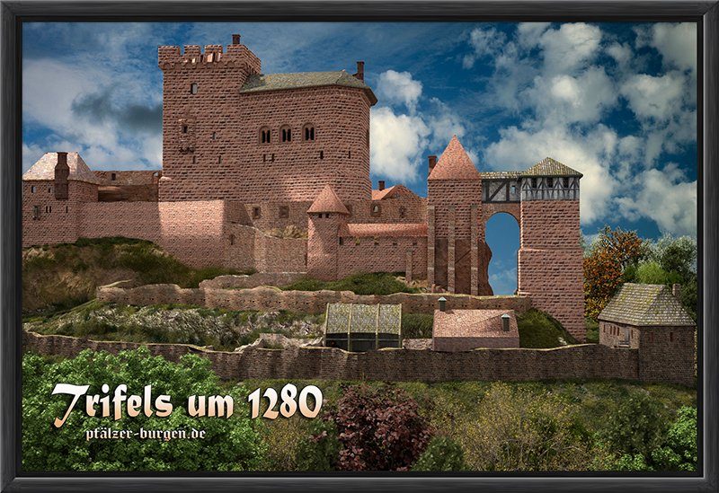 Schwarz gerahmter Leinwanddruck 30x20cm mit Rekonstruktion der Reichsburg Trifels um 1280 aus Osten