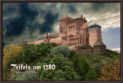 Braun gerahmter Leinwanddruck 40x30cm mit einer Rekonstruktion der Reichsburg Trifels um 1280 Schauseite aus Nordosten