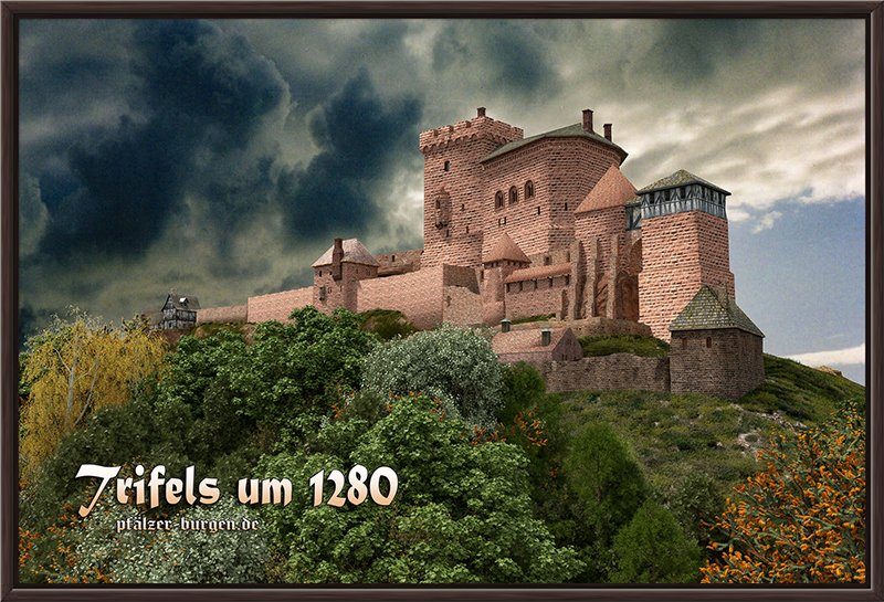 Braun gerahmter Leinwanddruck 40x30cm mit einer Rekonstruktion der Reichsburg Trifels um 1280 Schauseite aus Nordosten