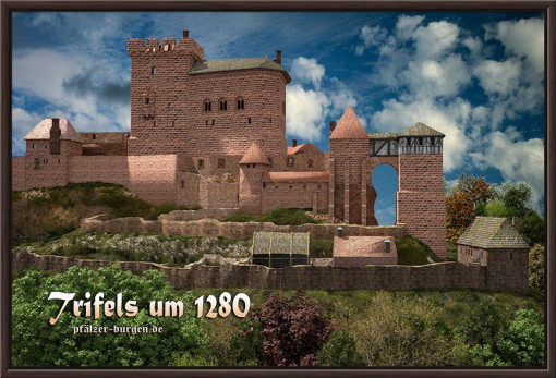 Braun gerahmter Leinwanddruck 40x30cm mit einer Rekonstruktion der Reichsburg Trifels um 1280 aus Osten