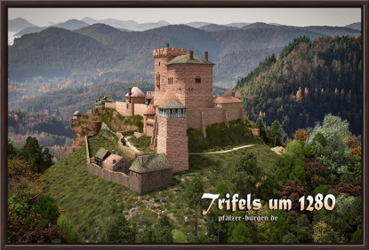 Braun gerahmter Leinwanddruck 40x30cm mit einer Rekonstruktion der Reichsburg Trifels um 1280 aus Norden