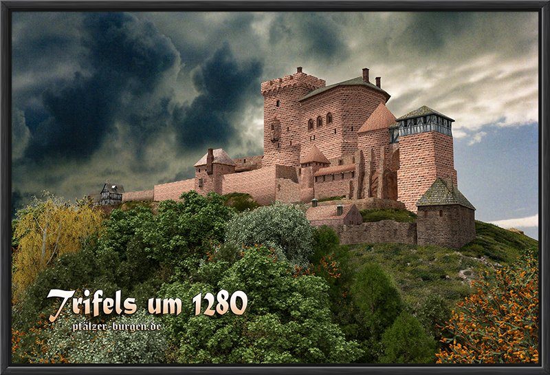 Schwarz gerahmter Leinwanddruck 40x30cm mit einer Rekonstruktion der Reichsburg Trifels um 1280 Schauseite aus Nordosten
