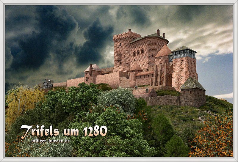 Weiß gerahmter Leinwanddruck 40x30cm mit einer Rekonstruktion der Reichsburg Trifels um 1280 Schauseite aus Nordosten