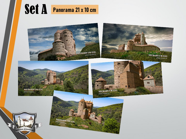 Postkarten-Set A mit 5 unterschiedlichen Motiven der Kanonenburg Neudahn (1535) im Panoramaformat (21 x 10 cm) und in brillianter Foto-Qualität.