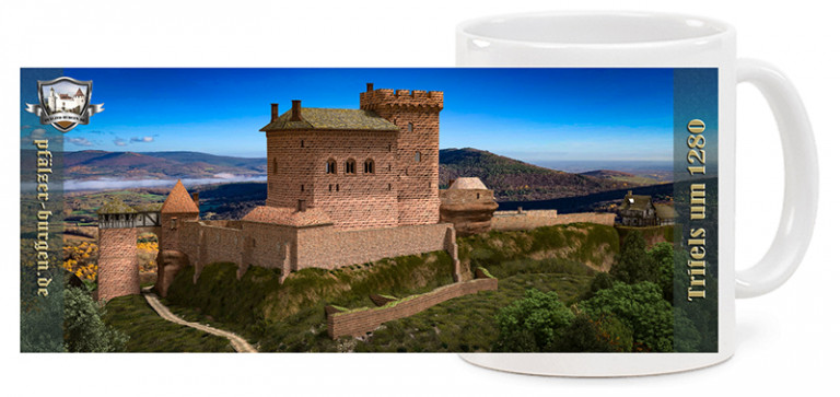 Spülmaschinenfeste "Jumbo"-Fototasse mit Motiv der Reichsburg Trifels um 1280 und einem "rundum"-"Panorama"