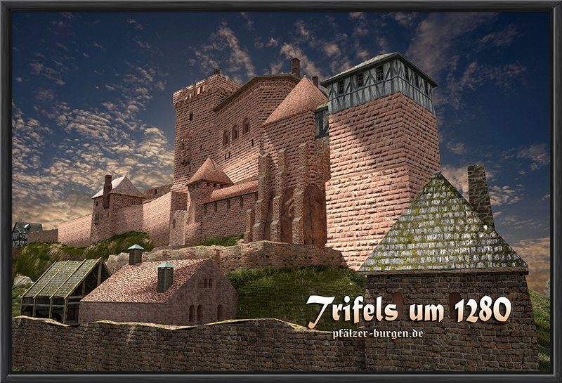 Schwarz gerahmter Leinwanddruck 40x30cm mit einer Rekonstruktion der Reichsburg Trifels um 1280 aus Nordosten