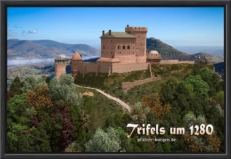 Schwarz gerahmter Leinwanddruck 30x20cm mit Rekonstruktion der Reichsburg Trifels um 1280 aus Nordwesten