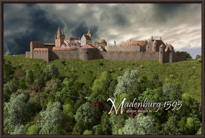 Braun gerahmter Leinwanddruck 60x40cm mit der Rekonstruktion der Westseite der Madenburg um 1595 mit Torrondell