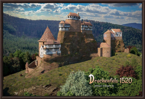 Braun gerahmter Leinwanddruck 45x30cm mit Burg Drachenfels um 1520 aus Nordosten