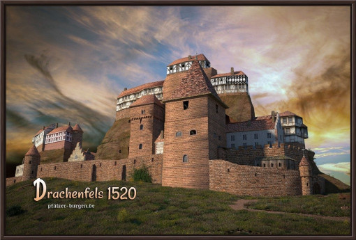 Braun gerahmter Leinwanddruck 60x40cm mit der Torbastion von Burg Drachenfels um 1520