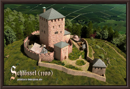 Braun gerahmter Leinwanddruck 30x20cm mit Rekonstruktion der Turmburg Schlössel um 1100 aus Westen