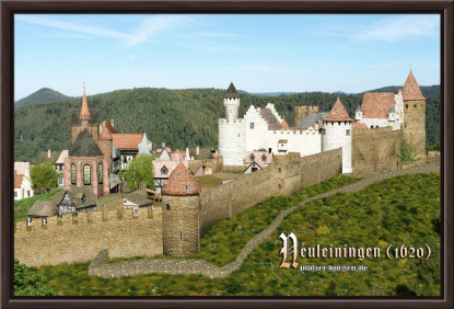 Braun gerahmter Leinwanddruck 30x20cm mit Rekonstruktion der Kastellburg Neuleiningen aus Nordosten um 1620