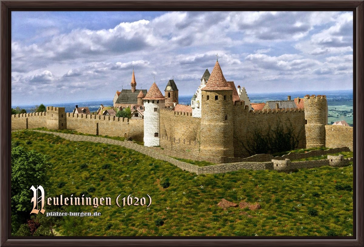 Braun gerahmter Leinwanddruck 30x20cm mit Rekonstruktion der Burg Neuleiningen um 1620 aus Nordwesten