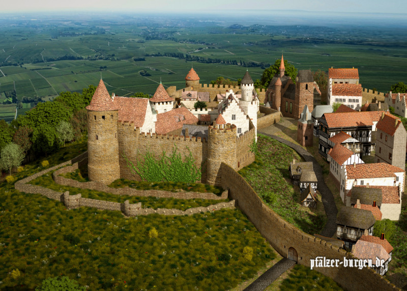 Burg Neuleiningen und Stadthäuser entlang Kirchgassee aus Weste
