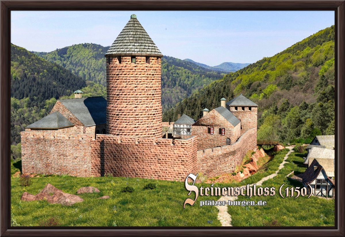 Braun gerahmter Leinwanddruck 30x20cm mit Rekonstruktion der Burg Steinenschloss um 1150 aus Norden