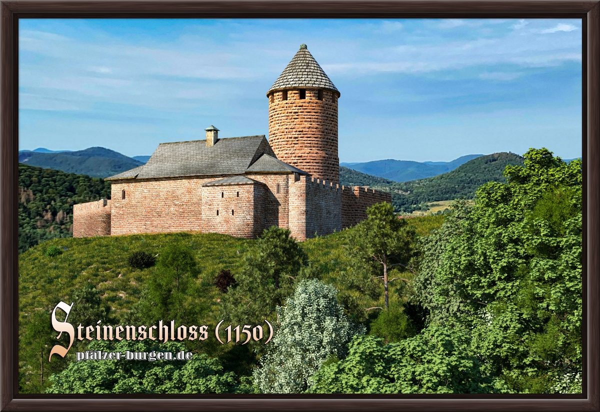 Braun gerahmter Leinwanddruck 30x20cm mit Rekonstruktion der Burg Steinenschloss um 1150 aus Nordosten