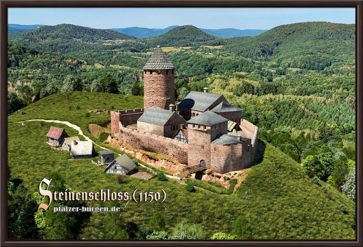 Braun gerahmter Leinwanddruck 40x30cm mit der Burg Steinenschloss um 1150 aus Südwesten
