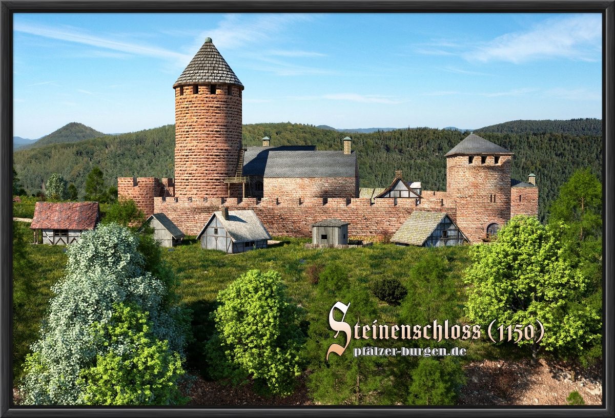 Schwarz gerahmter Leinwanddruck 40x30cm mit der Burg Steinenschloss um 1150 aus Westen