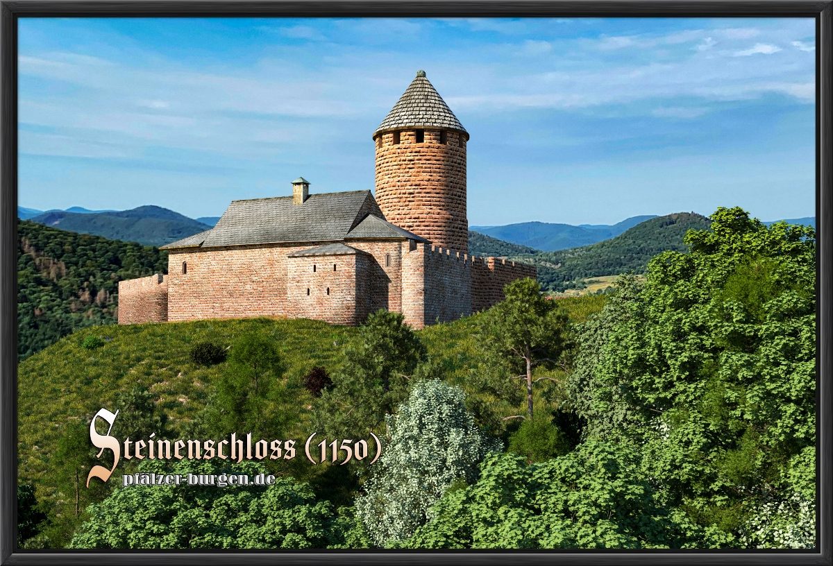 Schwarz gerahmter Leinwanddruck 40x30cm mit der Burg Steinenschloss um 1150 aus Nordosten
