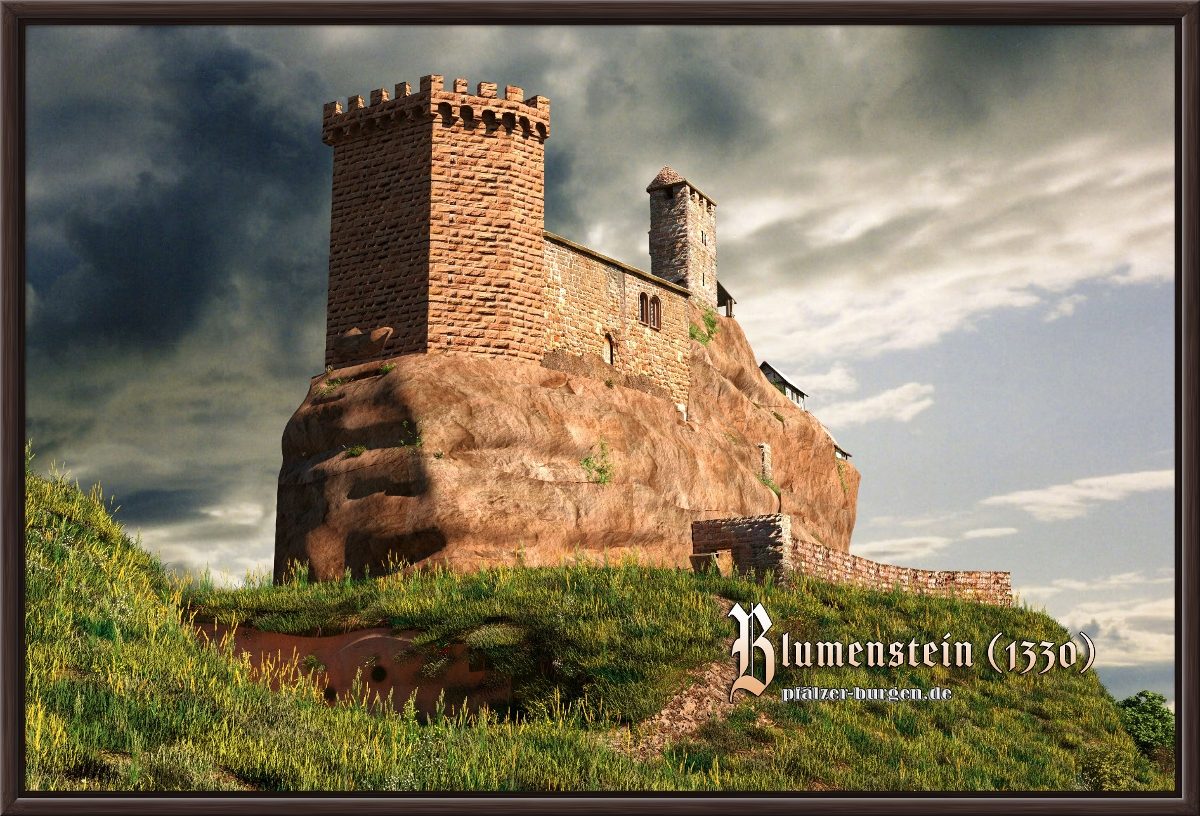 Braun gerahmter Leinwanddruck 45x30cm mit Rekonstruktion der Burg Blumenstein um 1330