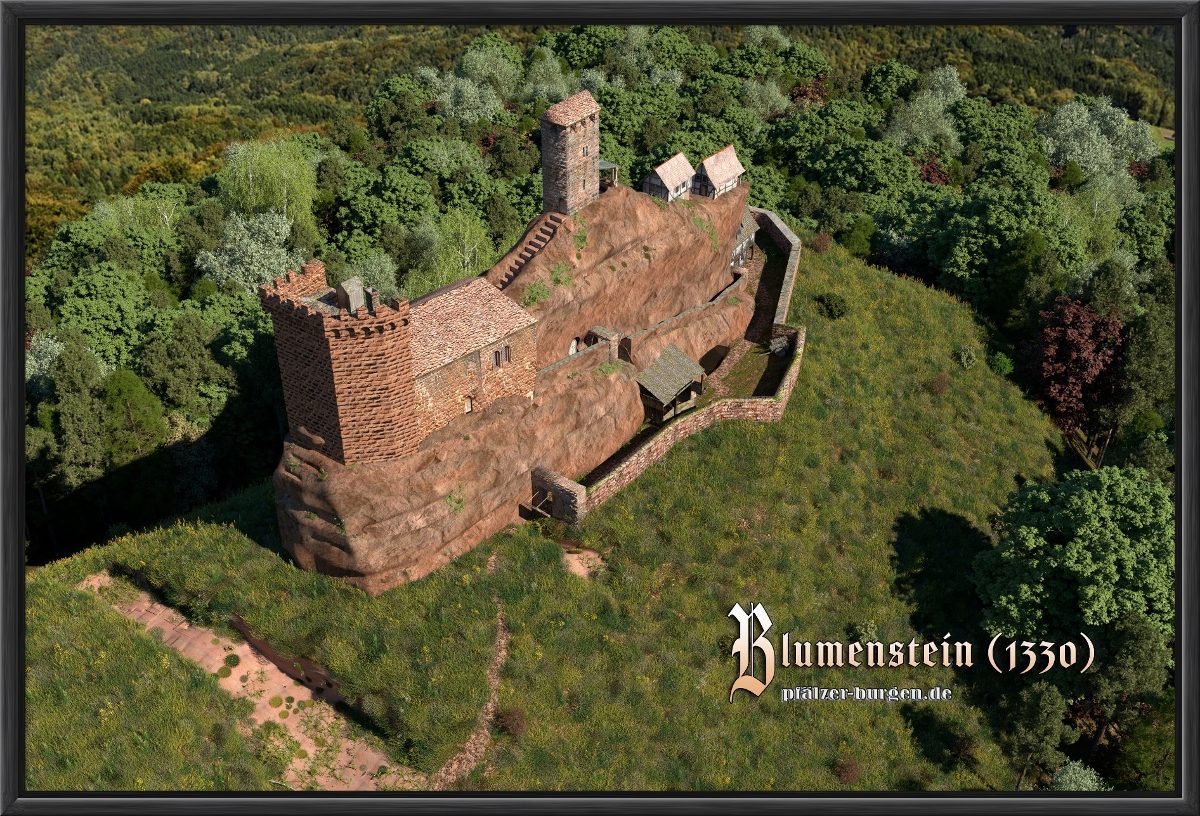Schwarz gerahmter Leinwanddruck 45x30cm mit Rekonstruktion der Burg Blumenstein um 1330 aus Südwesten