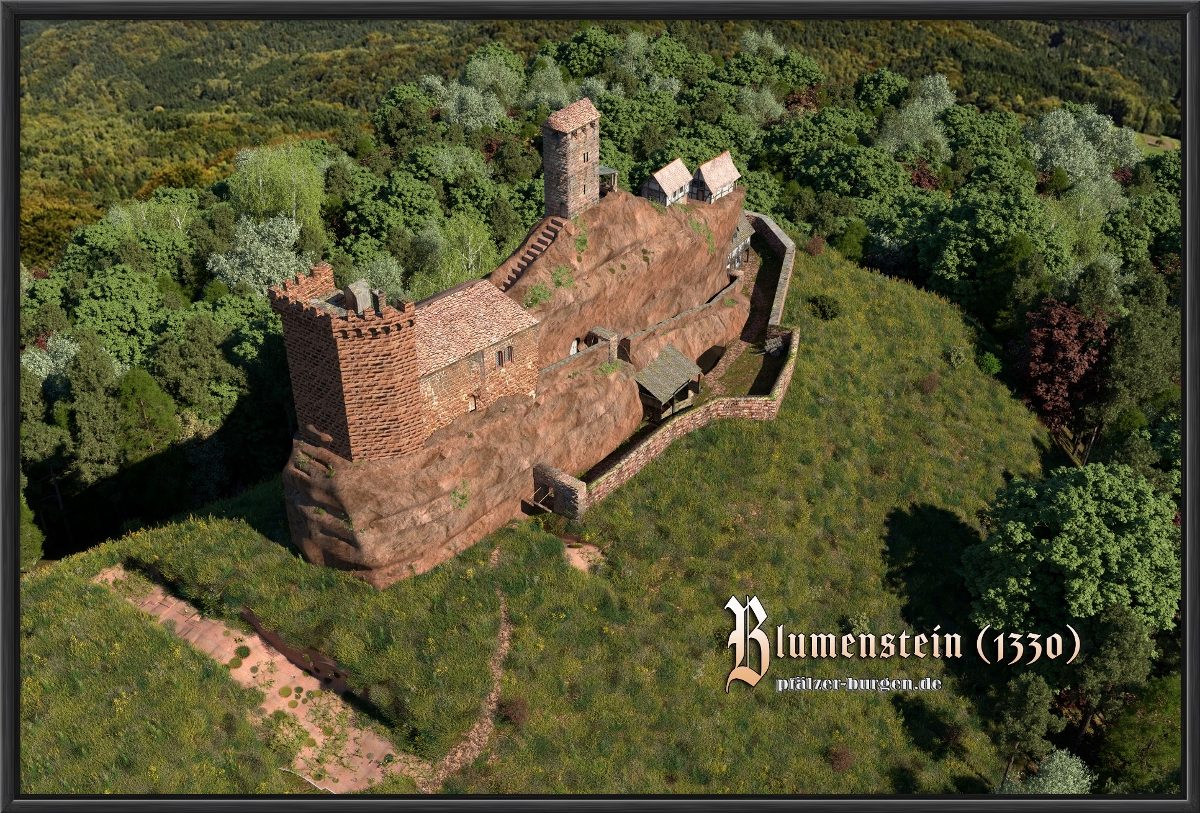 Schwarz gerahmter Leinwanddruck 60x40cm von der Burg Blumenstein um 1330 aus Südwesten