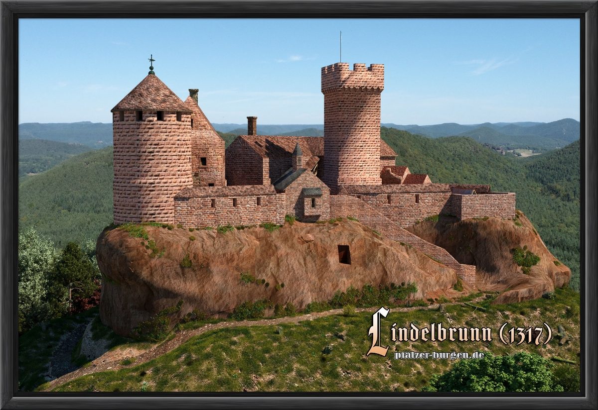 Schwarz gerahmter Leinwanddruck 30x20cm von der Burg Lindelbrunn aus Osten als schöne Wand-Dekoration