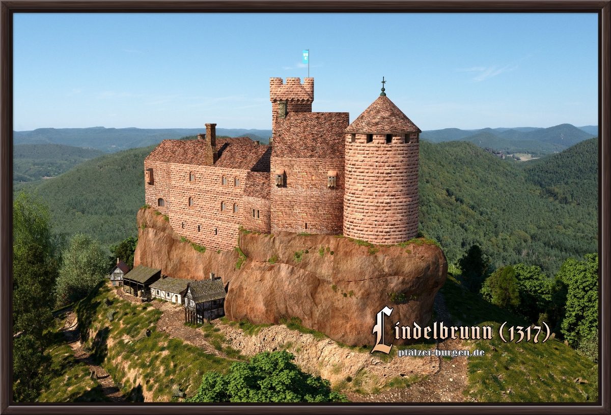 Braun gerahmter Leinwanddruck 45x30cm mit der Burg Lindelbrunn um 1317 aus Süden