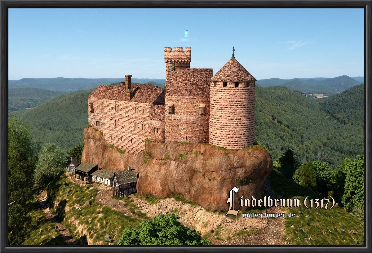 Schwarz gerahmter Leinwanddruck 45x30cm mit der Burg Lindelbrunn um 1317 aus Süden