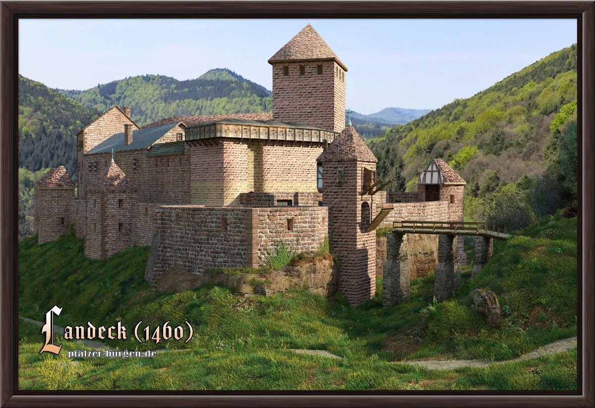 Braun gerahmter Leinwanddruck 30x20cm von der Burg Landeck aus Nordosten als schöne Wand-Dekoration