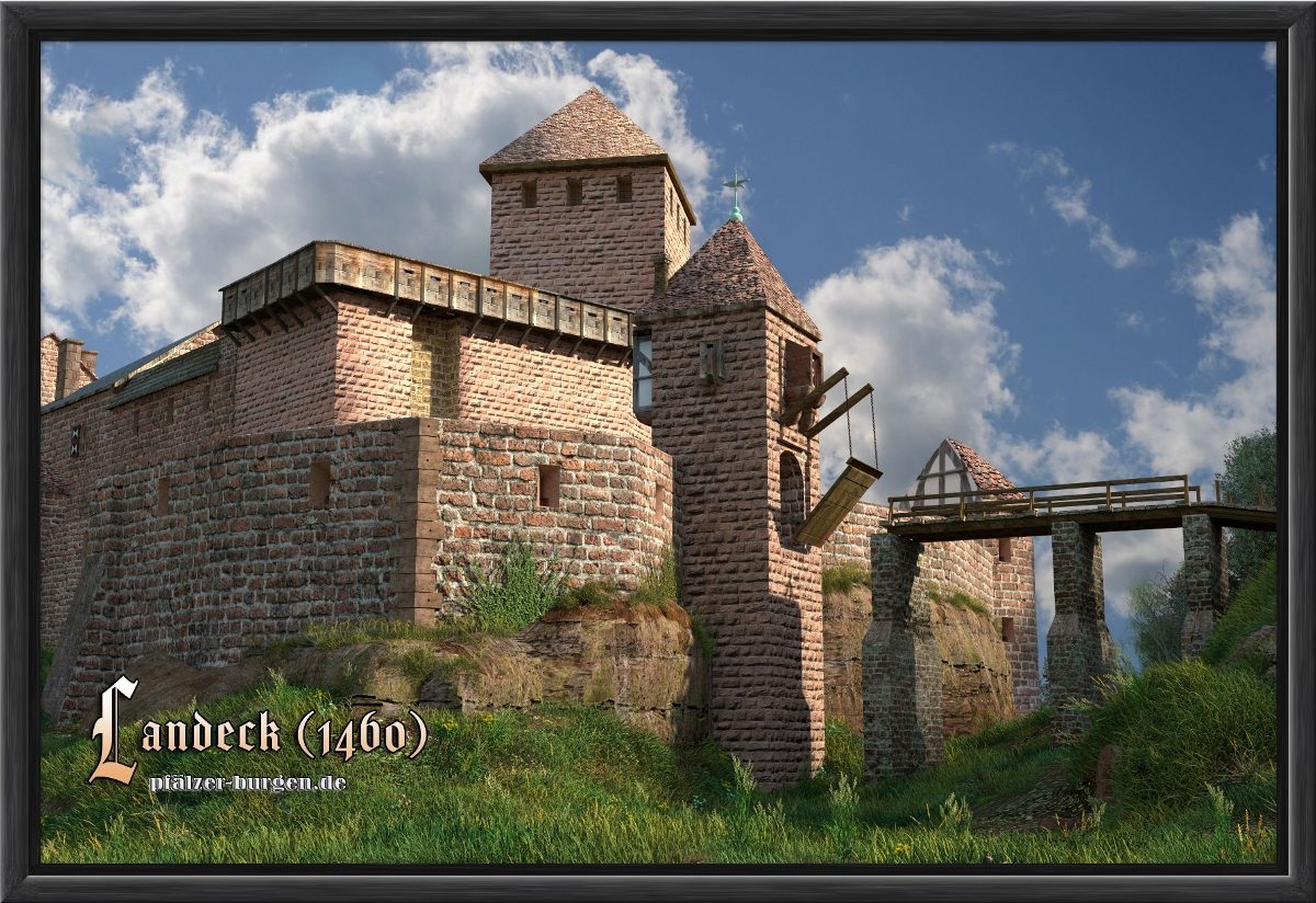 Schwarz gerahmter Leinwanddruck 30x20cm von der Burg Landeck mit Halsgraben aus NO als schöne Wand-Dekoration