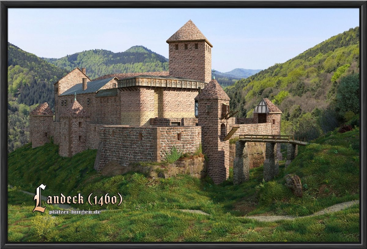 Schwarz gerahmter Leinwanddruck 45x30cm mit der Burg Landeck um 1460 aus Nordosten