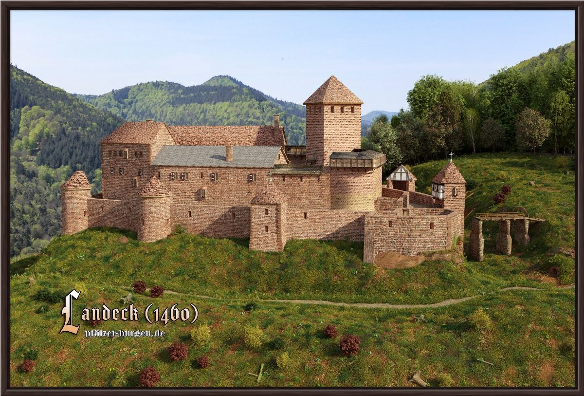 Braun gerahmter Leinwanddruck 60x40cm mit der Rekonstruktion der Burg Landeck um 1460 aus Osten