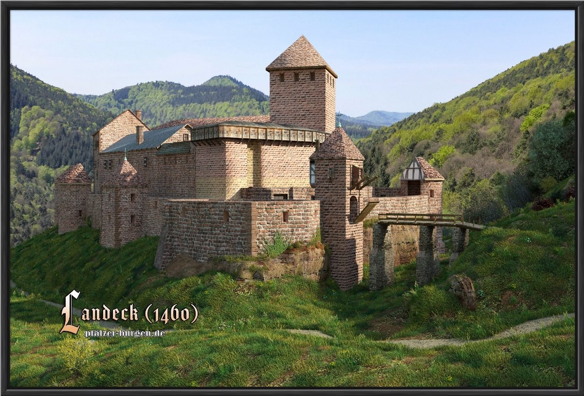 Schwarz gerahmter Leinwanddruck 60x40cm mit der Rekonstruktion der Burg Landeck um 1460 aus Nordosten