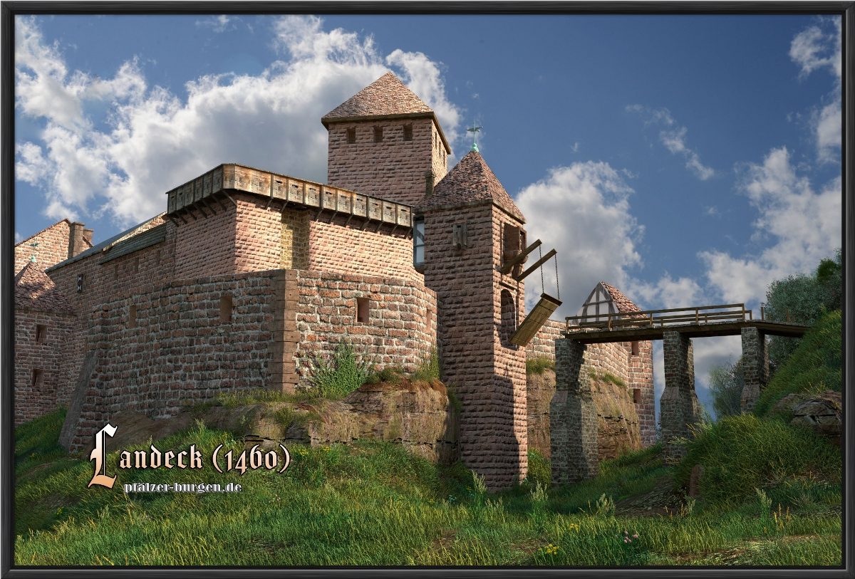 Schwarz gerahmter Leinwanddruck 60x40cm mit der Rekonstruktion der Burg Landeck um 1460 aus dem Halsgrabeneingang