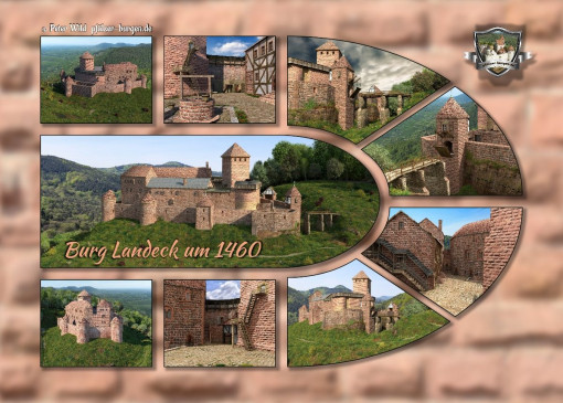 Fotocollage Burg Landeck (1460) auf Postkarte Standard-Format