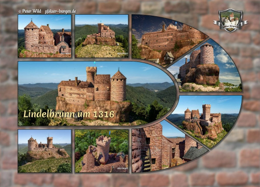 Fotocollage Burg Lindelbrunn (1316) auf Postkarte Standard-Format