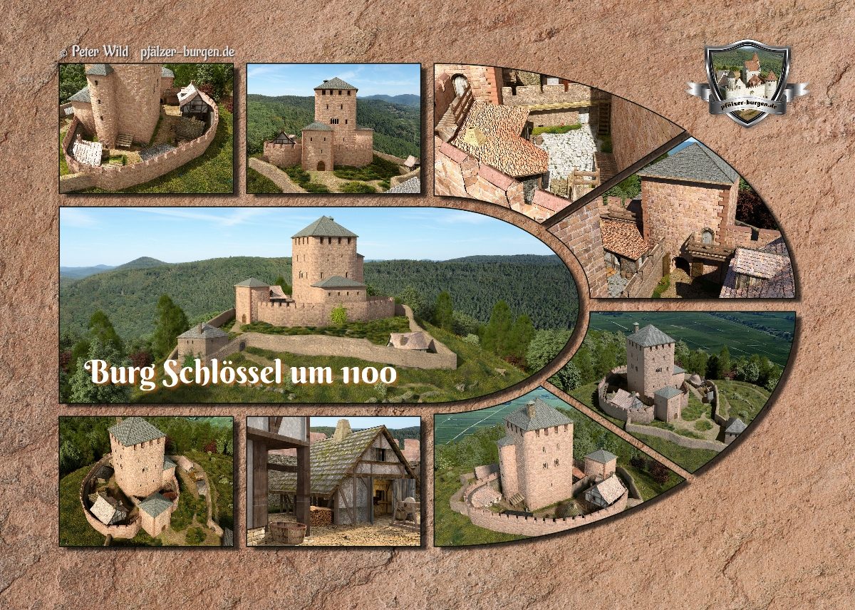 Fotocollage Burg Schlössel (1100) auf Postkarte Standard-Format